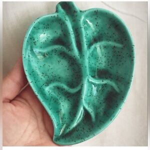 Green Teal Leaf-Shaped Ceramic Catch it All Dish Signed
